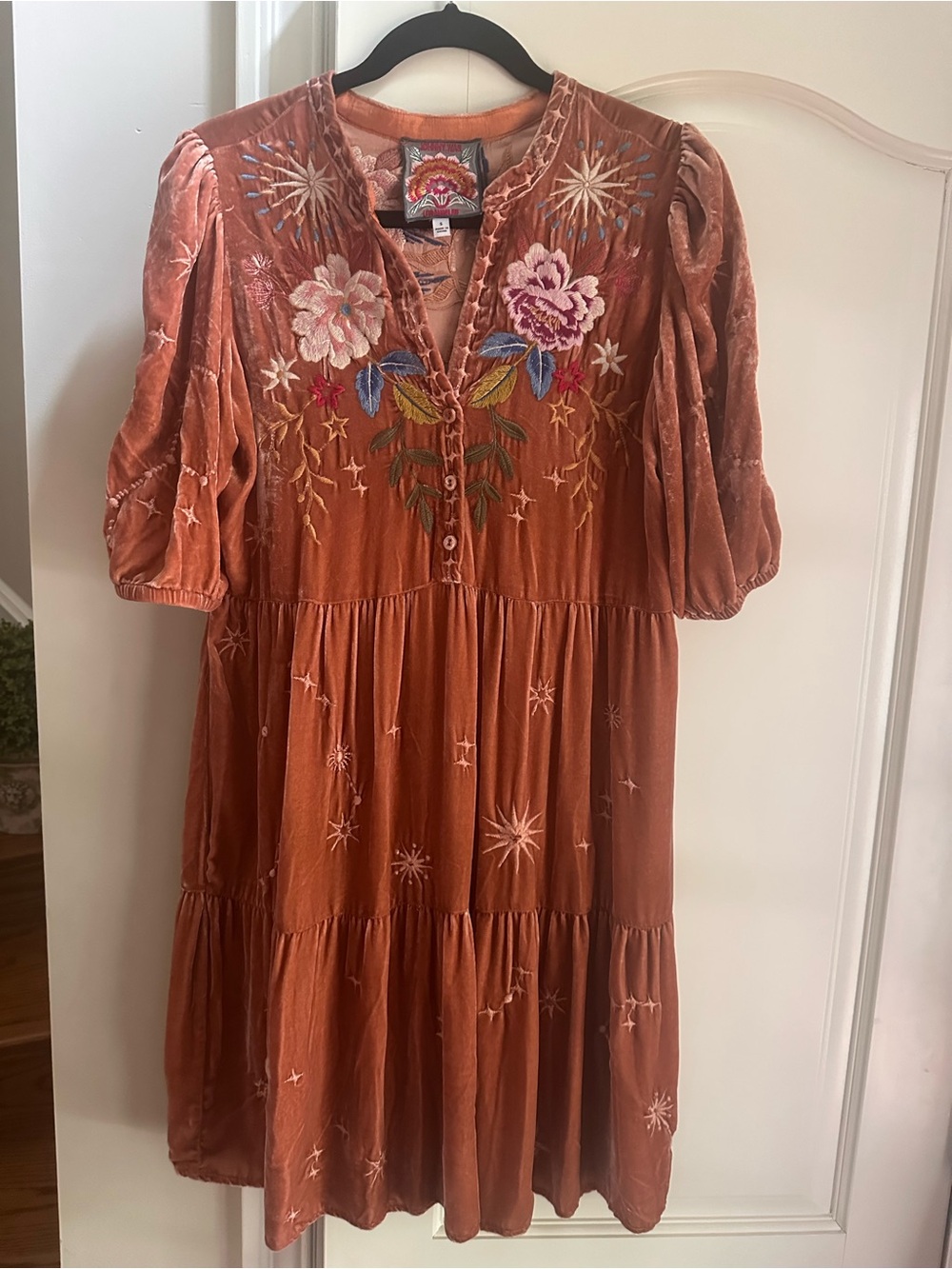 Johnny Was Rust Velvet Tiered Midi Dress with Floral Embroidery
